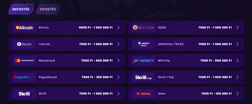 Robycasino fizetési módok