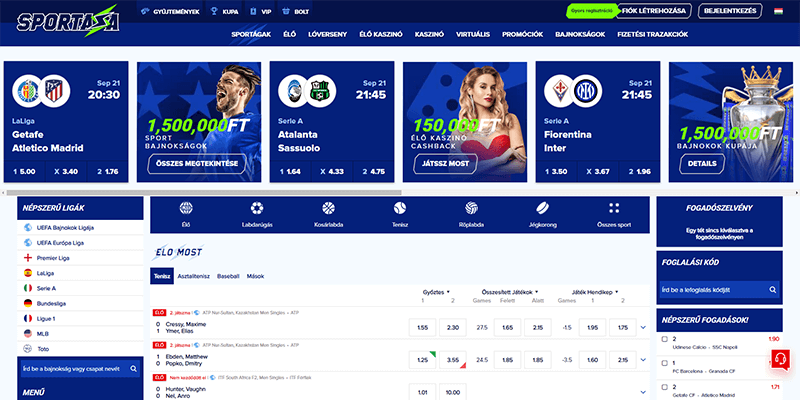 A Sportazának a magyar nyelvű desktopos webhelye - nyitólap