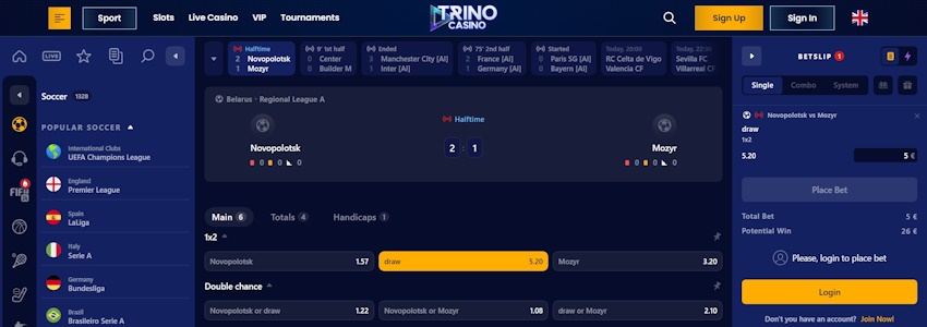 TrinoCasino élő sportfogadás